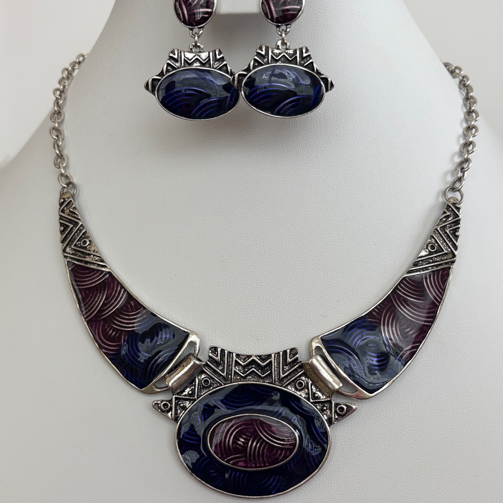 Thalia Sodi Bib Collate Statement Necklace Earring Set New Nwt Enamel Purple 34$